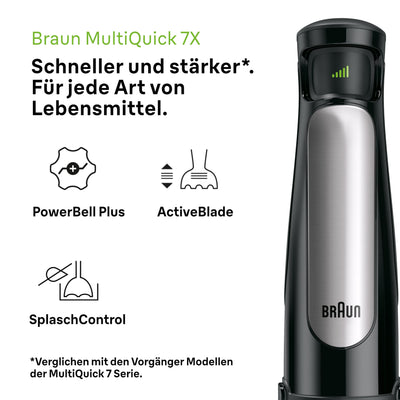 Braun MultiQuick 7 MQ 7045X Stabmixer - Pürierstab mit abnehmbarem Edelstahl Mixfuß mit ActiveBlade Technologie zum Pürieren der härtesten Zutaten, inkl. 4-teiliges Zubehör Set, 1000 Watt, Schwarz