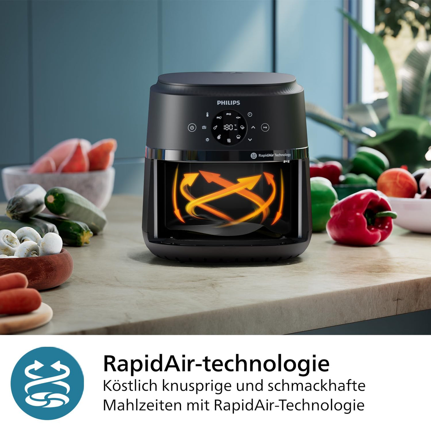 Philips Airfryer 2000-Serie 4,2L - Digitaler Touchscreen, 13 Garoptionen, 9 voreingestellte Funktionen, bis zu 90% weniger Fett mit RapidAir Technologie, 1500W Leistung, Schwarz (NA229/00)