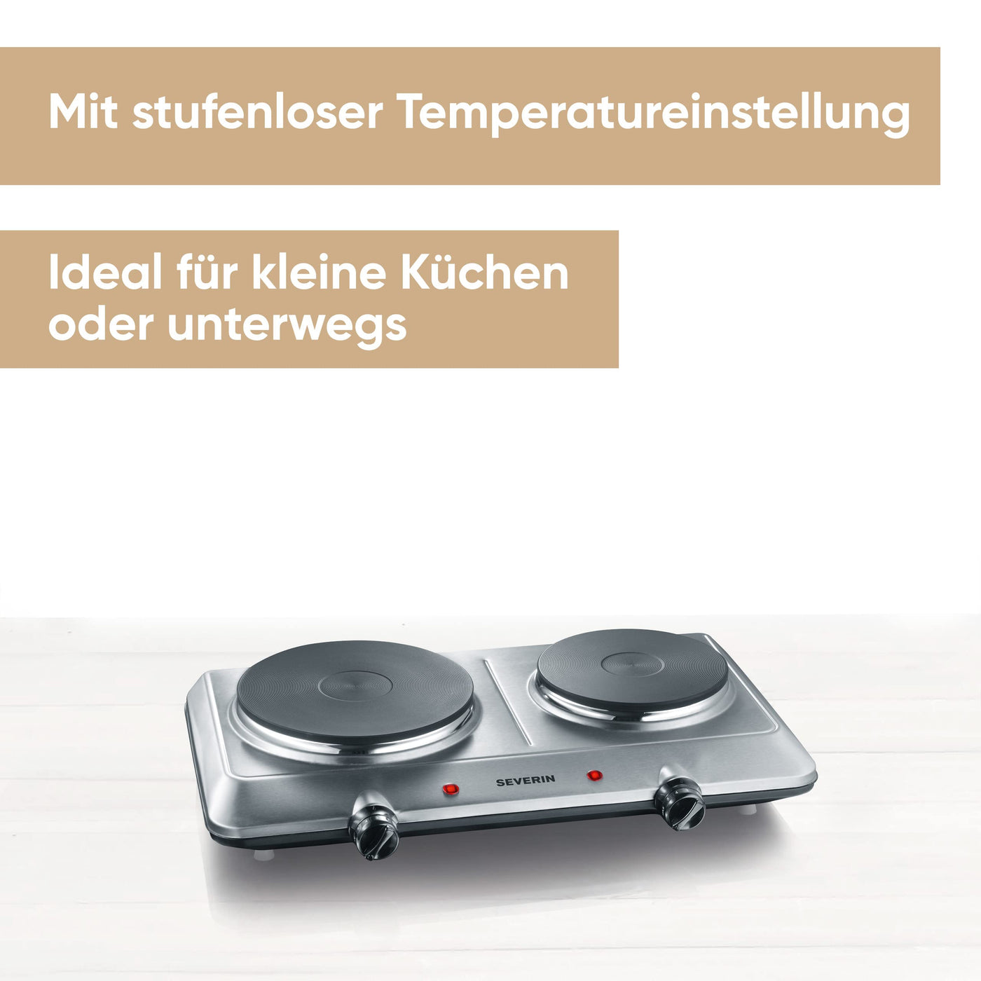 SEVERIN Doppel Kochplatte für Küche, Büro oder Camping, kleine Herdplatte mit stufenloser Temperatureinstellung, Campingkocher für zwei Töpfe, Edelstahl, 2.500 W, DK 1014