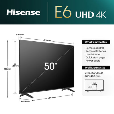 Hisense 50E6NT 127cm (50 Zoll) Fernseher, 4K UHD Smart TV, Precision Colour, HDR, Dolby Vision, 60Hz, Triple Tuner DVB-C/S/S2/T/T2, WiFi, HDMI 2.1, Bluetooth, Alexa Built-in, Schwarz, [2024]