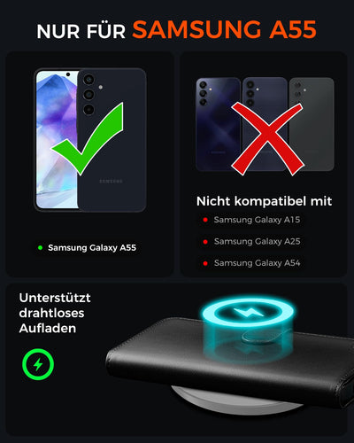 Handyhülle für Samsung Galaxy A55 5G hülle [Mit 1 Stück Panzer Schutz Glas][Kartenfächer][RFID Blocker] [Standfunktion][Magnet]Klapphülle Premium Lederhülle für A55 Stoßfeste Schutzhülle,Schwarz