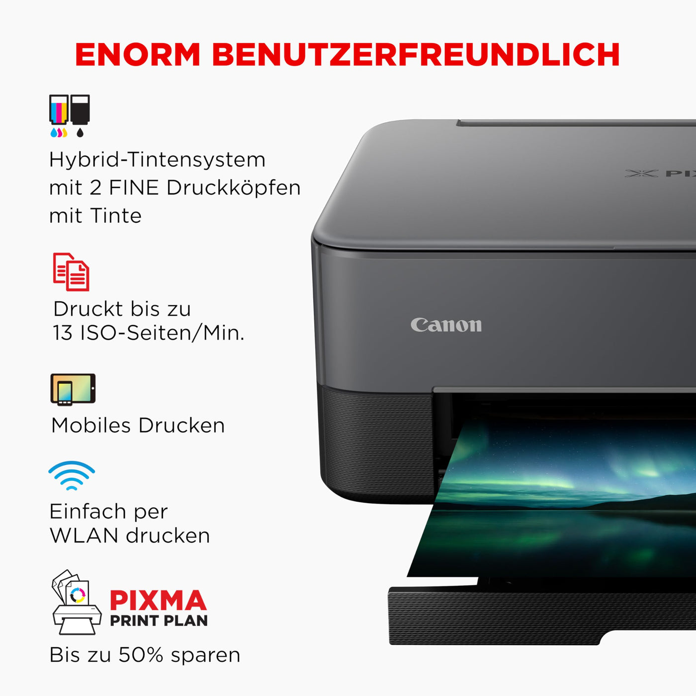 Canon PIXMA TS5350i Multifunktionsdrucker 3in1 (Tintenstrahl,Drucken, Kopieren, Scannen, A4, 3,7 cm OLED, WLAN, Duplexdruck, 2 Papierzuführungen, kompatibel mit Pixma Print Plan ABO) Schwarz