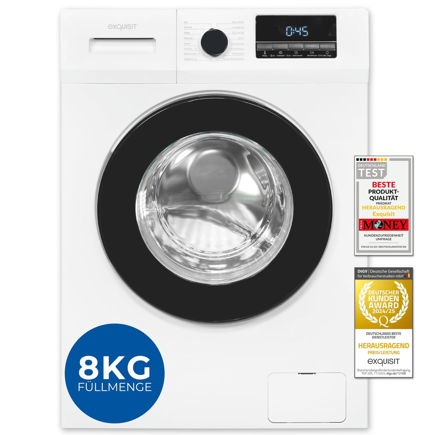 Exquisit Waschmaschine 8kg, Energieeffizienzklasse A, max. 1400 U/Min, Schnellprogramm, Startzeitvorwahl (3-24 Std.), Kindersicherung, Aquastop, ECO, 16 Waschprogramme, WA58014-340A weiss