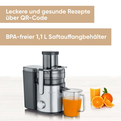 SEVERIN Entsafter, elektrische Saftmaschine mit einfacher Bedienung, XXL-Auffangbehälter für vitaminreiche Obst- und Gemüsesäfte, 1.1L Saftbehälter, Edelstahl-Schwarz, Küchengeräte, 800 W, ES 3570