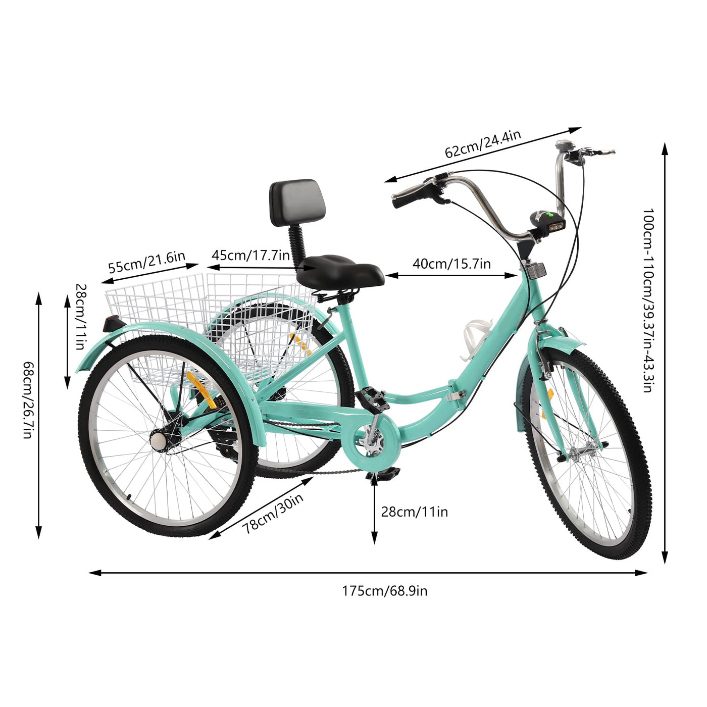 Dustuper Dreirad für Erwachsene 24 Zoll 7 Gang 3 Rad Fahrrad mit Korb Cityfahrrad Tricycle-Gewichtskapazität von 140KG-Einstellbare, Türkis