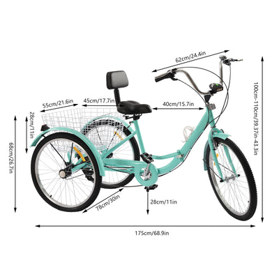 Dustuper Dreirad für Erwachsene 24 Zoll 7 Gang 3 Rad Fahrrad mit Korb Cityfahrrad Tricycle-Gewichtskapazität von 140KG-Einstellbare, Türkis