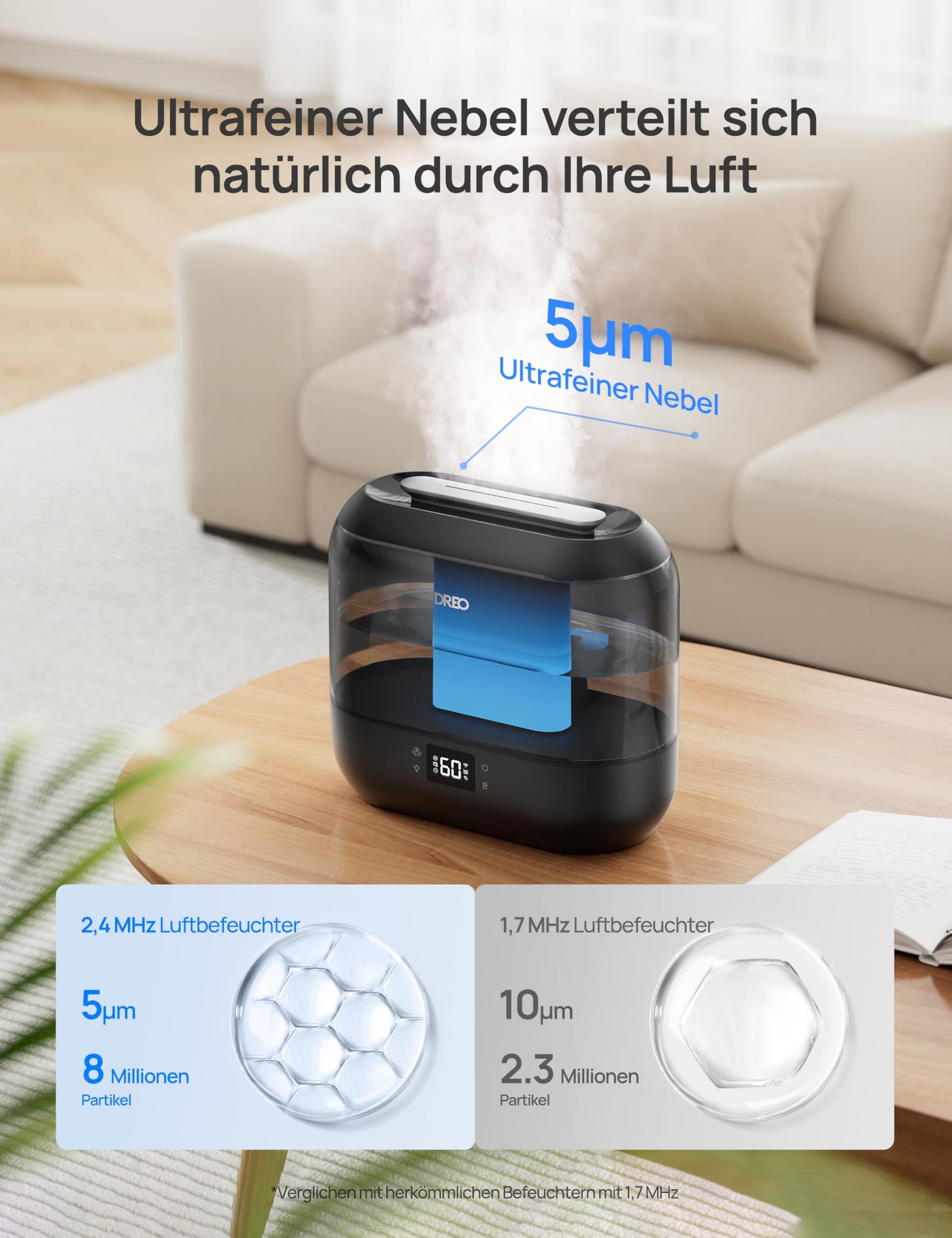 Dreo Smart Luftbefeuchter für Schlafzimmer, oben befüllbarer 4L Supergroßer Kühler Nebel Humidifier mit Öl Diffusor und Nachtlicht, 32 Stunden Laufzeit, leiser Ultraschall Luftbefeuchter Zuhause