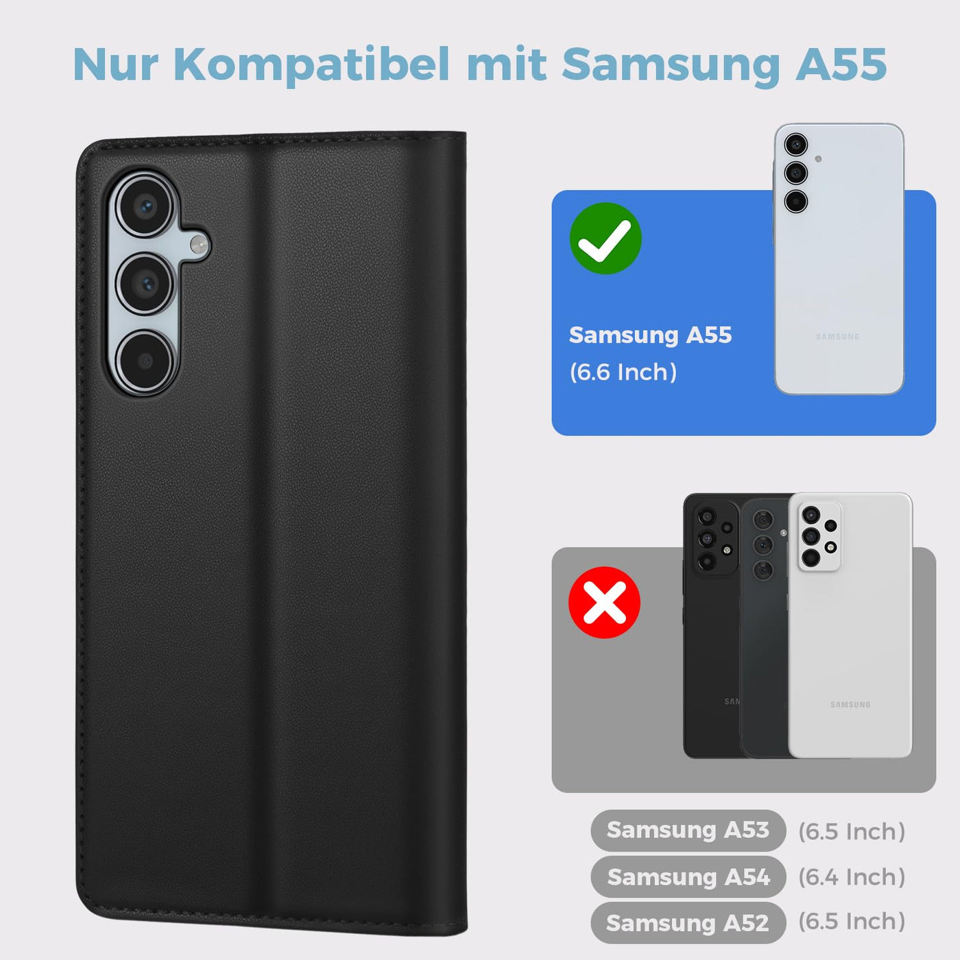 Handyhülle für Samsung Galaxy A55 5g Hülle, Premium Lederhülle Schutzhülle Tasche für Samsung A55 Hülle Wallet Kartenfach Standfunktion Klappbar Flip Case für Galaxy A55 5g Hülle, Schwarz