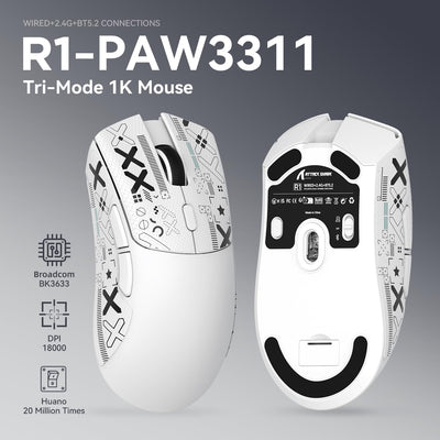 ATTACK SHARK R1 59g Superlight Maus mit Klebeband, PixArt PAW3311 Gaming-Sensor, BT/2,4G kabellose/kabelgebundene Gaming-Maus, 6 einstellbare DPI bis zu 18000, 65 Stunden Akku (weiß)