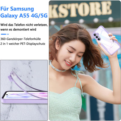 OWKEY für Samsung Galaxy A55 Hülle, Stoßfest Silikon Samsung A55 5G Handyhülle, 360° Rundumschutz Schutzhülle mit Integriertem Displayschutz, Bumper Case für Samsung Galaxy A55 (Lila)