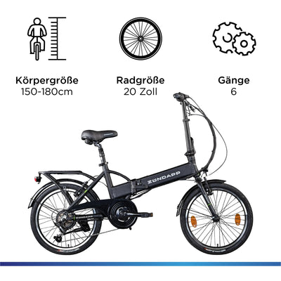 ZÜNDAPP Faltrad E-Bike 20 Zoll Z101 Klapprad Pedelec StVZO Elektrofaltrad 6 Gang (schwarz)