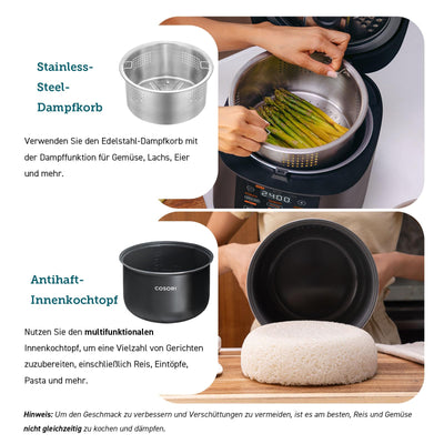 COSORI Reiskocher, Multikocher mit 17 Programme, Rice Cooker 5 L, Fuzzy-Logik, Dampfgarer mit Edestahleinsatz, Rezeptbuch, Slow Cooker, Premium Innentopf, Warmhaltefunktion, Timer, Schwarz