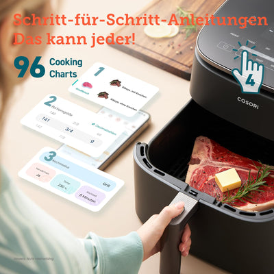 Cosori Turboblaze Heißluftfritteuse Airfryer, 9-in-1 Air Fryer XXL 6L, leiser DC Motor mit 5 Geschwindigkeitsstufen, Grillen, Backen, Gären, Dehydrieren, Tiefkühlen, 87 Rezepte, 64% energiesparend