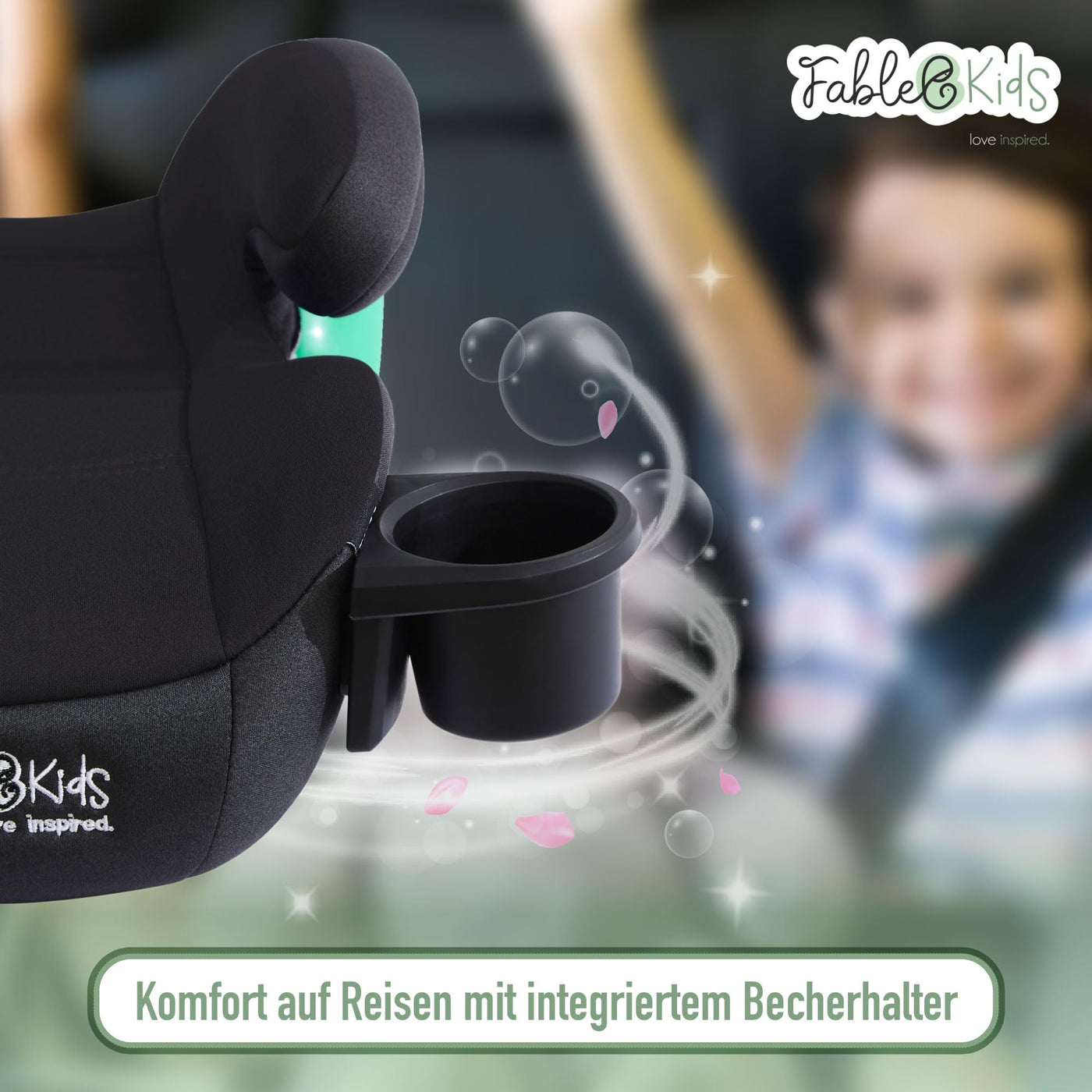 FableKids Sitzerhöhung Auto Kinder Isofix | 3-Punkt-Sicherheitsgurt | Kindersitzerhöhung bis 5 Jahre | Autositz für Kinder 125-150cm mit Becherhalter | ECE R129/03 | Schwarz