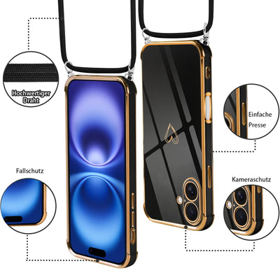 Vauki Handykette für iPhone 16 Hülle mit Band, Handyhülle mit Kette, Herz Motiv, Ultra Dünn Stoßfeste Aesthetic Case mit Kordel zum Umhängen für iPhone16 6.1", Schwarz