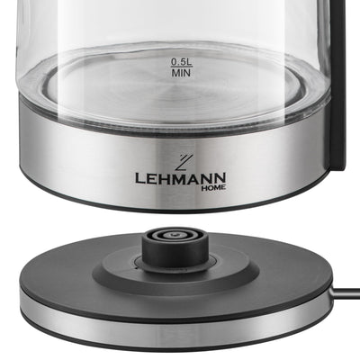 Lehmann LHOEK-2220B elektrischer Wasserkocher aus Glas 2200W, 1,8L Glas-Wasserkocher mit LED-Beleuchtung, Abnehmbarer Deckel und drehbarer Sockel, Überhitzungsschutz, schnelle Erwärmung