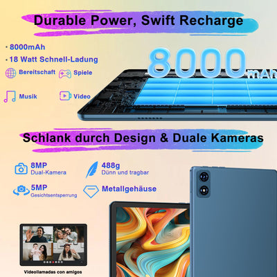 Dghrti Tablet 10 Zoll Android 14, 22GB RAM +128GB ROM/TF 1TB, 8000mAh Akku, UFS 2.1 Flash, 8-Cores CPU, Dual WLAN, BT5.0, 8MP+5MP, Face ID, Widevine L1, Tablet mit Tastatur, Maus, Metallkörper Blau