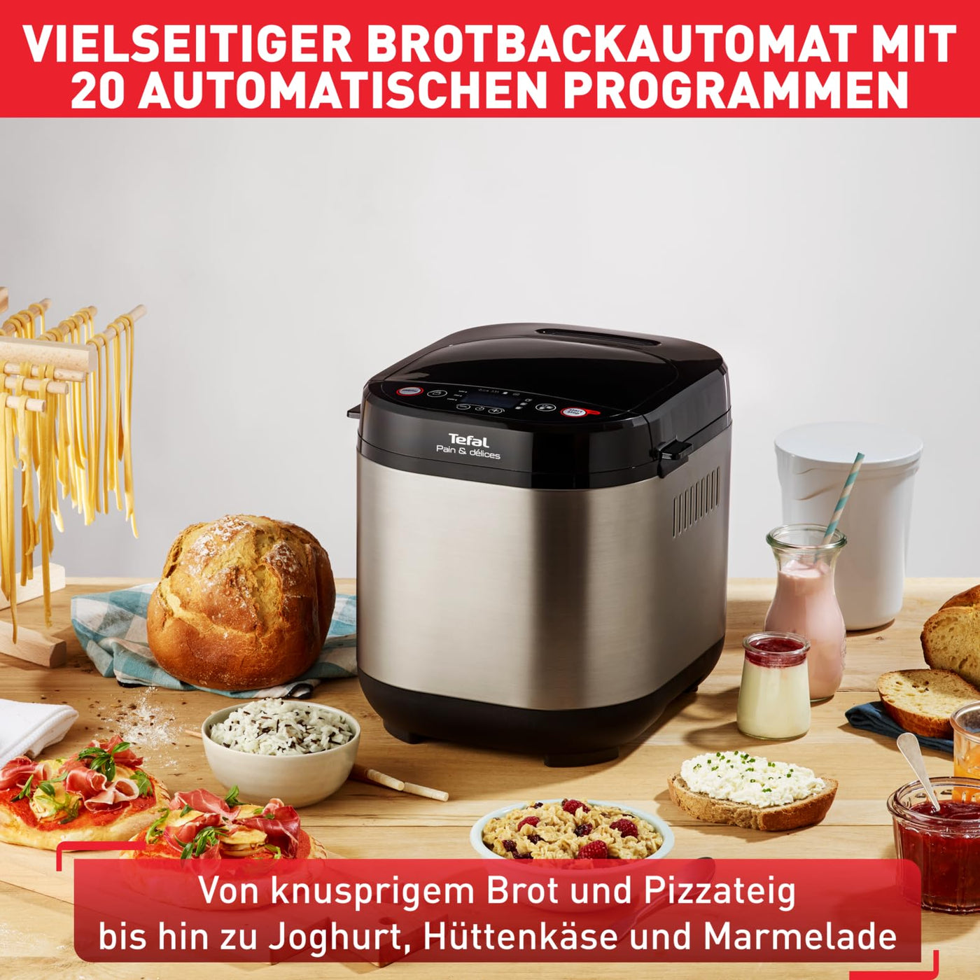 Tefal PF240E Brotbackautomat Pain&Délices | 20 Backprogramme | 3 Brotgrößen und Bräunungsstufen einstellbar | auch für Kuchen - Pizza - Nudelteig | Backform antihaftbeschichtet | Schwarz/Edelstahl