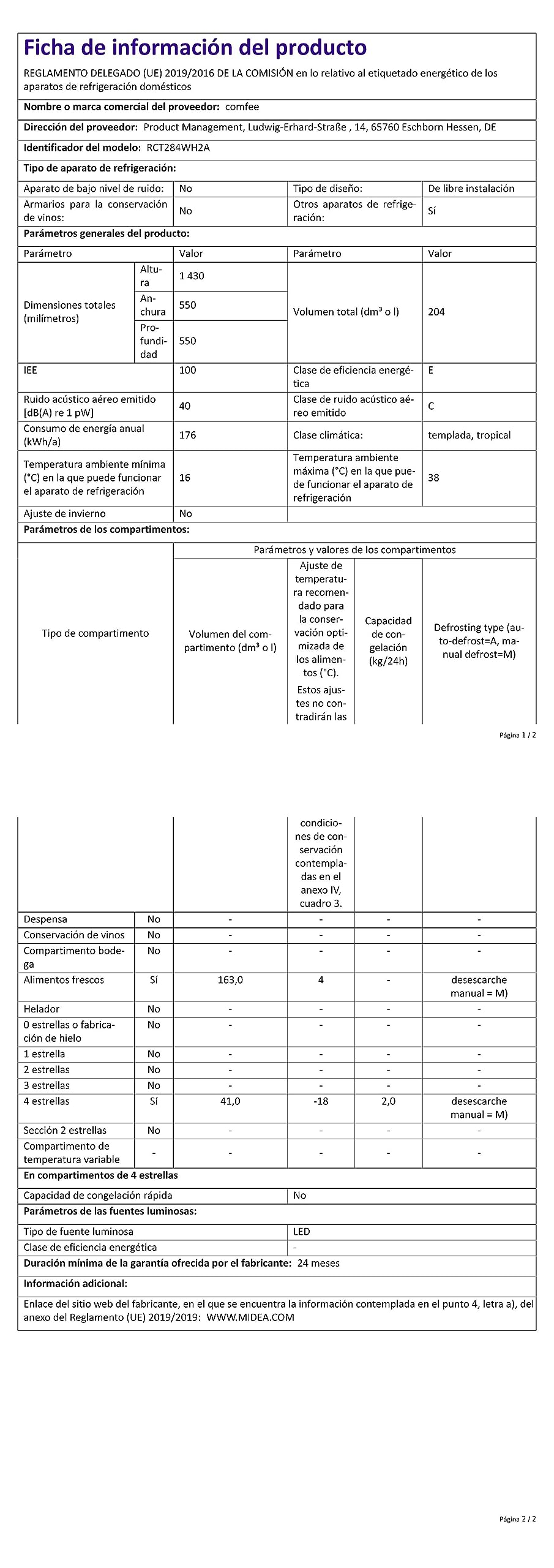 Comfee RCT284WH2A Kühl-/Gefrierkombination/Gefrierteil oben/176 kWh/Jahr/143cm Höhe/LED Licht/Reversibles Türscharnier/Weiß