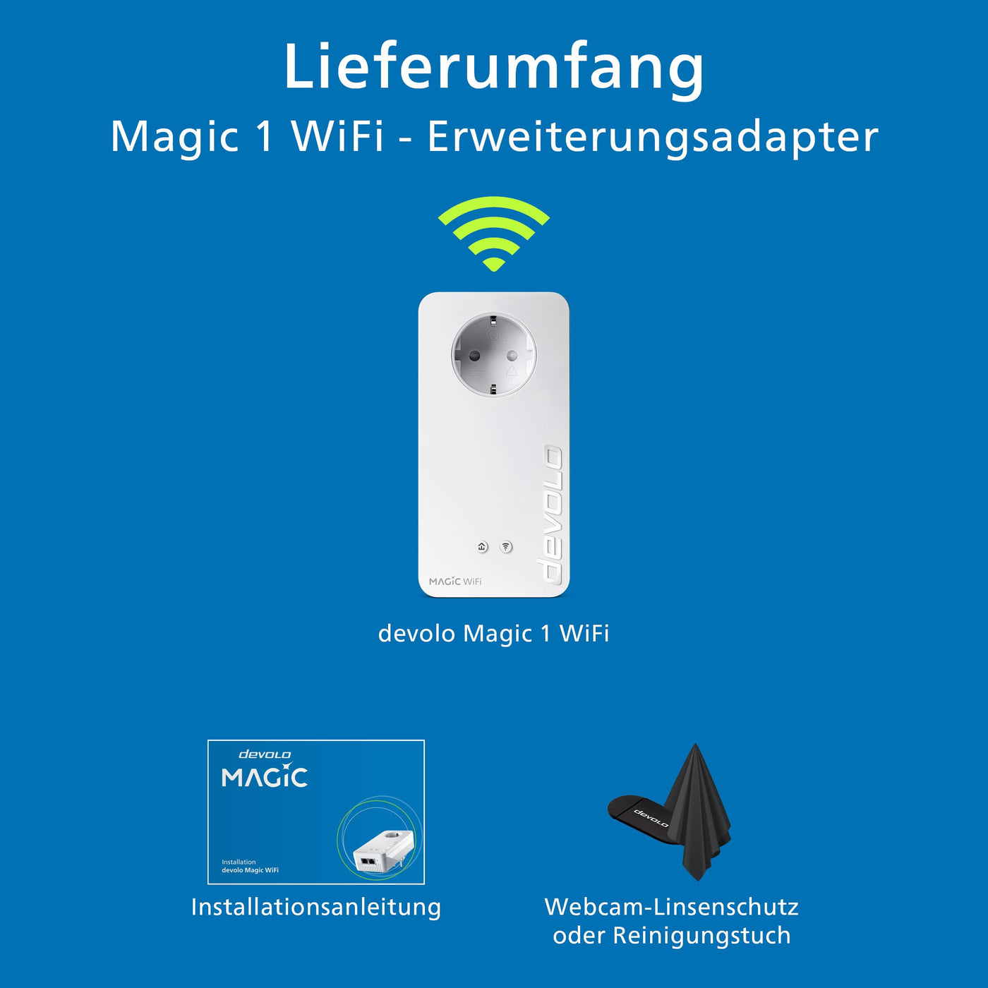 devolo Magic 1 WiFi Erweiterungsadapter, WLAN Powerline Adapter, bis zu 1.200 Mbit/s, Mesh WLAN, WLAN Steckdose, 2x LAN Anschluss, dLAN 2.0, weiß