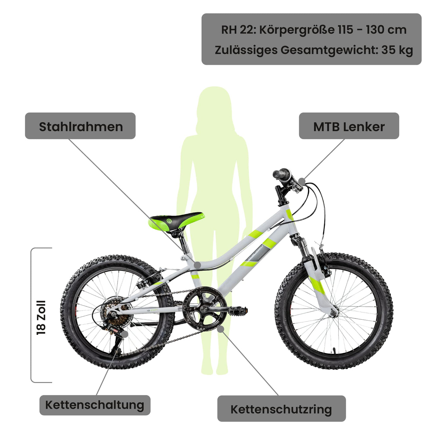 Galano GA20 Kinder Fahrrad ab 115-130cm oder 5 Jahre 7 Gang Mountainbike 18 Zoll für Mädchen oder Jungen Kinderfahrrad Hardtail MTB vorne gefedert, leicht (22 cm, grau/grün)