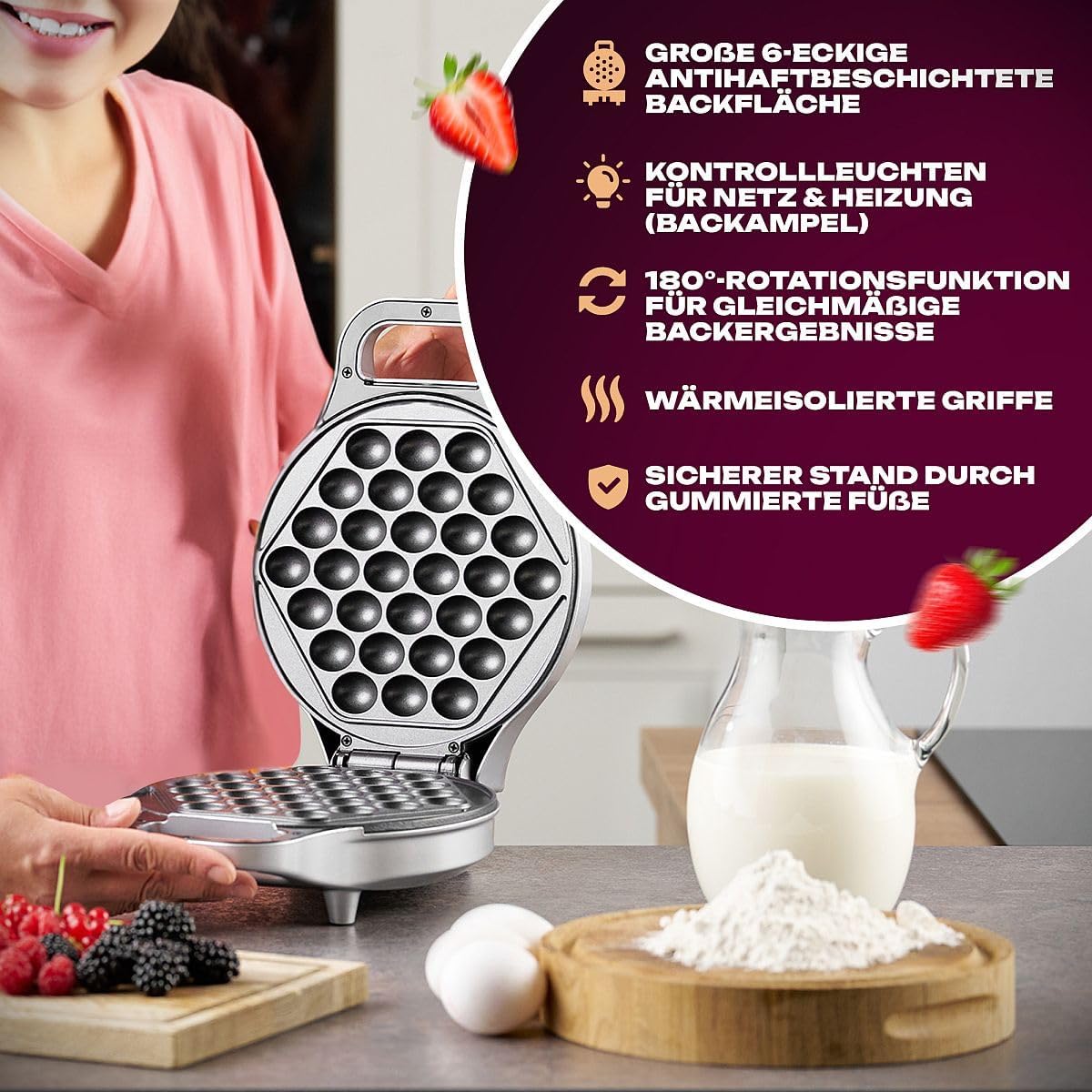 Clatronic® Waffeleisen für trendige Bubble-Waffeln | Bubble Waffeleisen mit 180° Rotationsfunktion für gleichmäßige Backergebnisse | Waffle Maker mit antihaftbeschichteter Backfläche | 700W | WA 3772