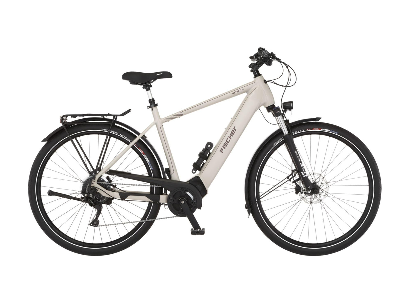 FISCHER E-Bike Trekking VIATOR 7.0i Elektrofahrrad für Damen und Herren, RH 55 cm, Mittelmotor 70 Nm, 36 V Akku, zementgreige matt, 55cm-630Wh