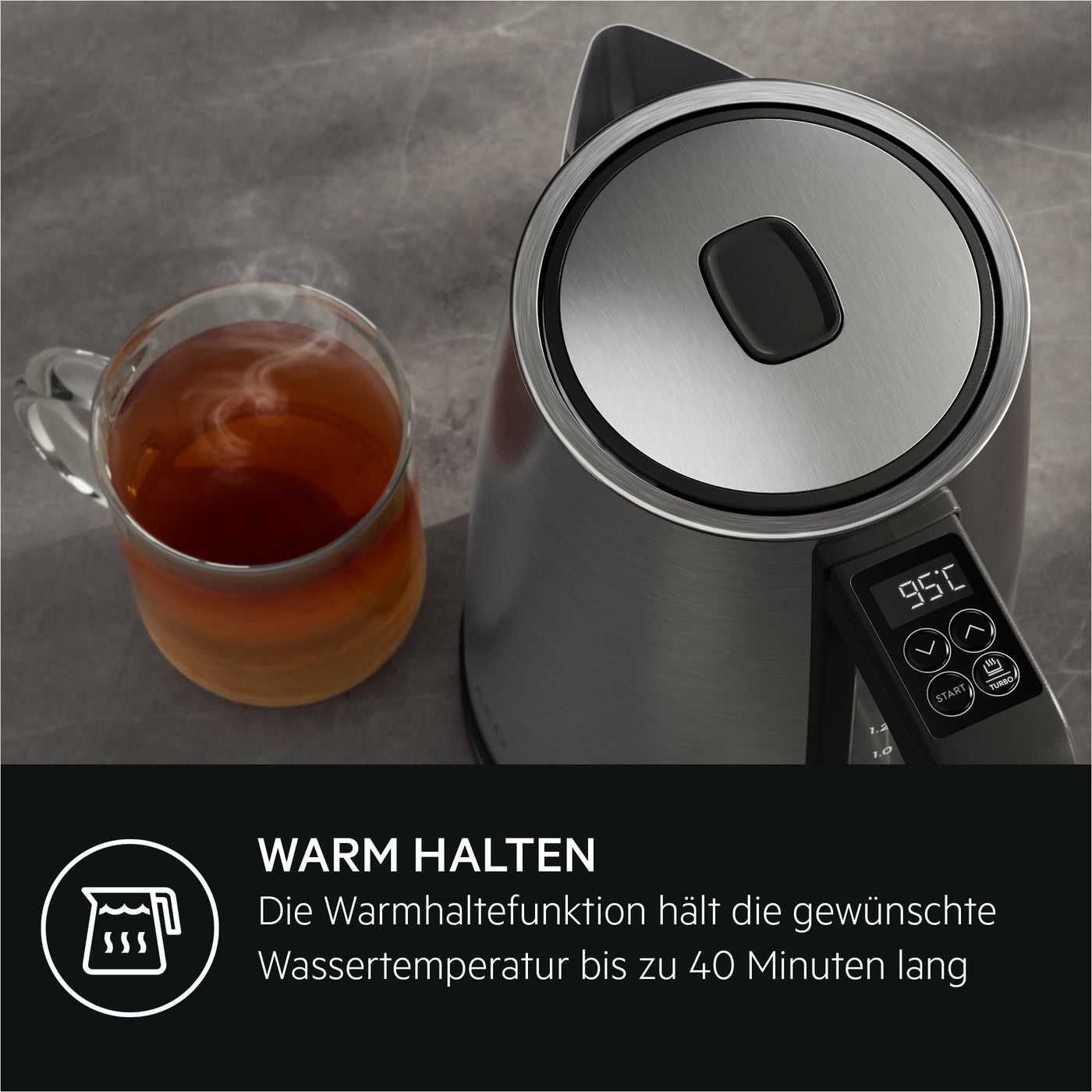 AEG Wasserkocher K5-1-6ST Deli 5 / 2400 Watt / 5 einstellbare Temperaturstufen / 1,7 l / 3-fache automatische Sicherheitsabschaltung / Anti-Tropf-Funktion / Einhand-Deckelöffnung / Edelstahl