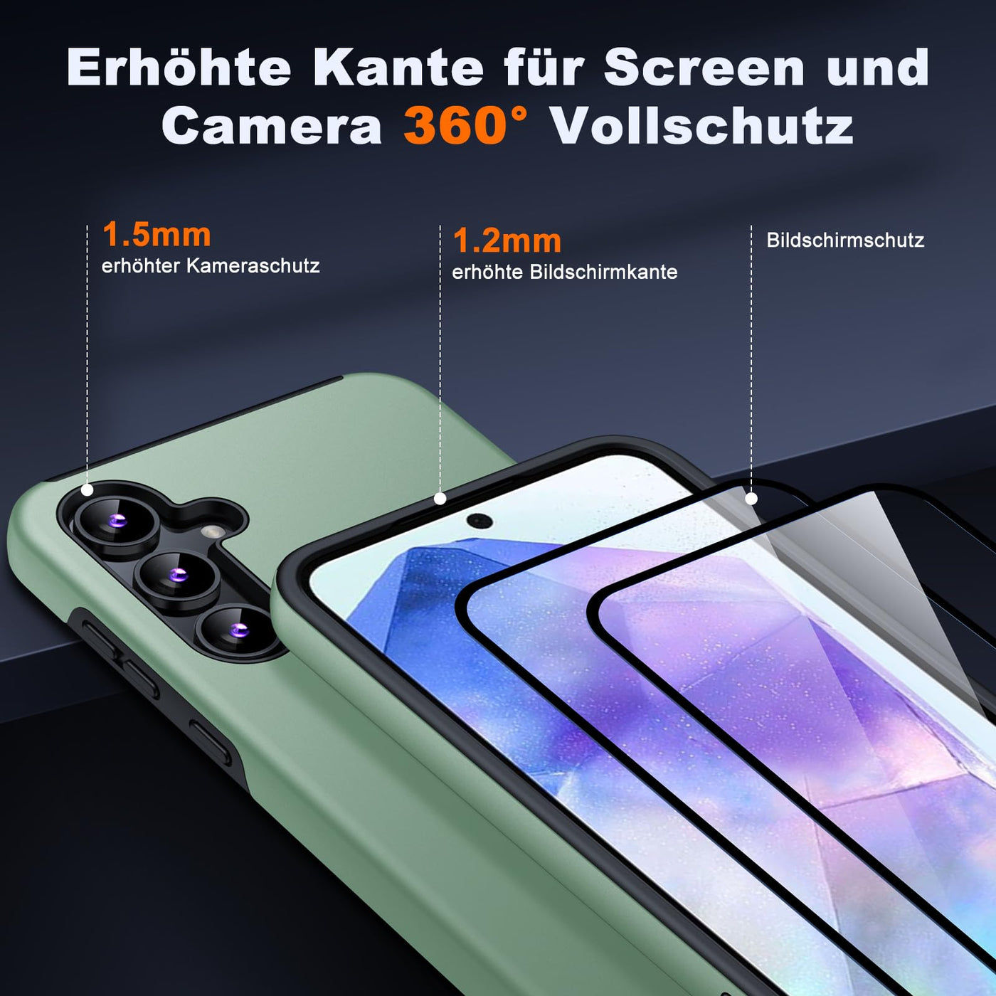 JAME für Samsung Galaxy A55 5G Hülle mit 2 Stück Panzerglas,Militärschutz Stoßfester Schutz Samsung A55 5G Hülle mit 360°Magnetischer Ring Kickstand Handyhülle für Samsung A55 5G,Alpengrün