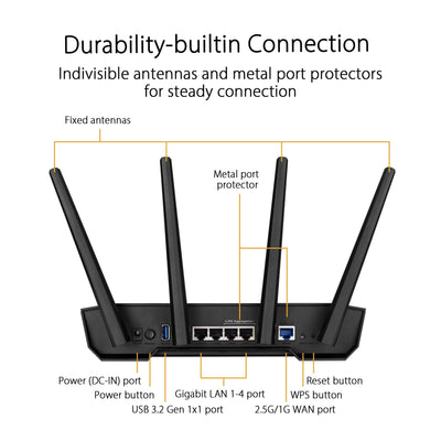 ASUS TUF Gaming AX3000 V2 Dual Band WLAN kombinierbarer Router (Tethering als 4G und 5G Router-Ersatz, WiFi 6, bis zu 3000 Mbit/s, Mobile Game Mode, 2,5Gbit/s Port, AiMesh, AiProtection Pro)