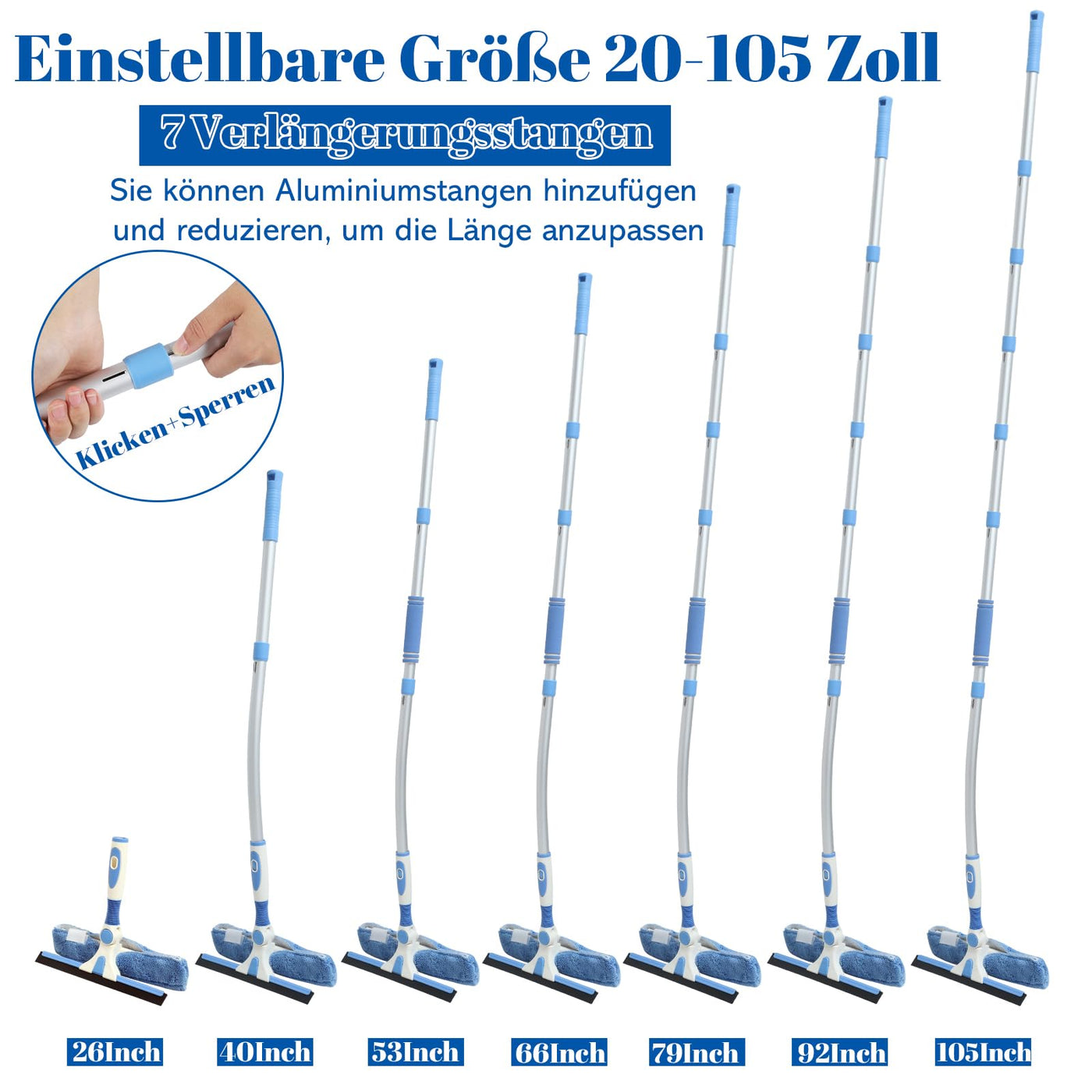 Fensterputzer Teleskop, 2-in-1 Fensterreiniger Set mit 7 Verlängerungsstangen, 105 Zoll Ausziehbarer Fensterwischer mit Biegbarem Kopf für Innen Und Außen Hohe Fenster Autoglas