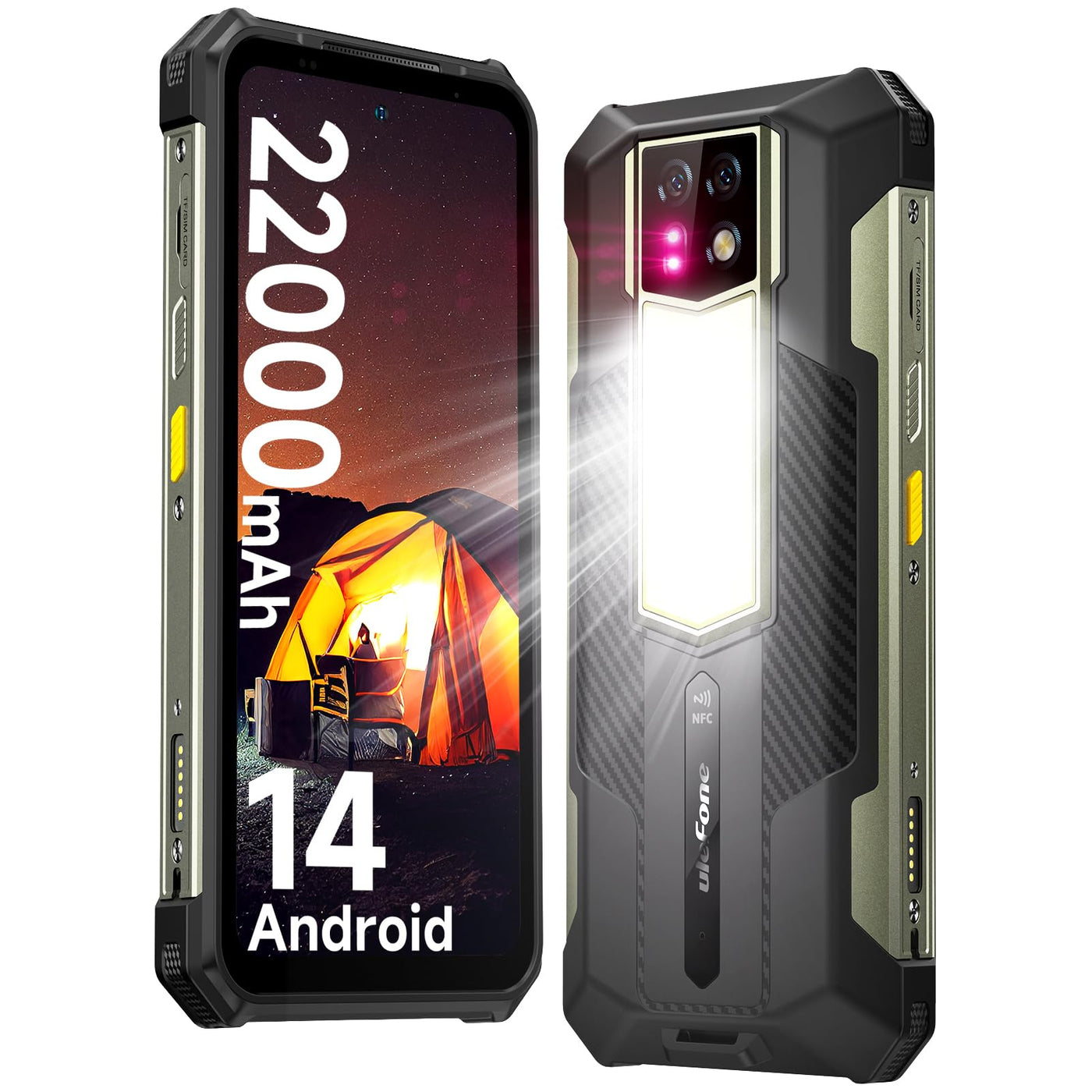 Ulefone Armor 24 Outdoor Handy 22000mAh mit 1000 Lumen Taschenlampe, Android 14 24GB + 256GB/2TB SD 64MP+64MP+16MP Nachtsicht,120Hz 6,78" FHD+ IP68 Smartphone 4G Dual SIM/NFC/Fingerabdruck ID GPS OTG