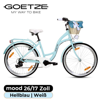 Goetze Mood 26 Zoll Damen Citybike, 17 Zoll Tiefeinsteiger Rahmen, 6-Gang Kettenschaltung, V-Bremse, LED-Beleuchtung, Gepäckträger, Komfortsattel, Schutzbleche, Rattankorb mit Stoffeinsatz!