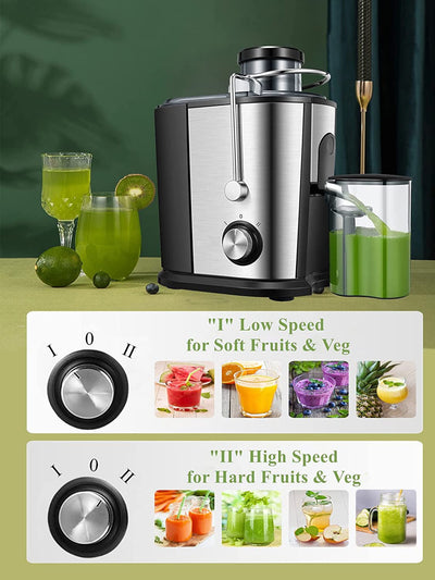 Juilist Entsafter Gemüse und Obst, 600W Juicer mit Großer Einfüllschacht (65 mm), 2 Geschwindigkeitsstufen, Anti-Tropf-System & Anti-Rutsch-Füße, Leicht zu bedienen und zu reinigen