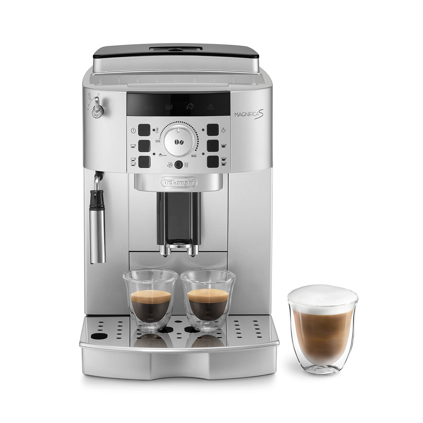 De'Longhi Magnifica ECAM 22.110.SB – Kaffeevollautomat mit Milchaufschäumdüse, Digitaldisplay mit Klartext, 2-Tassen-Funktion, großr 1,8 l Wassertank, 35,4 x 23,8 x 43 cm, silber