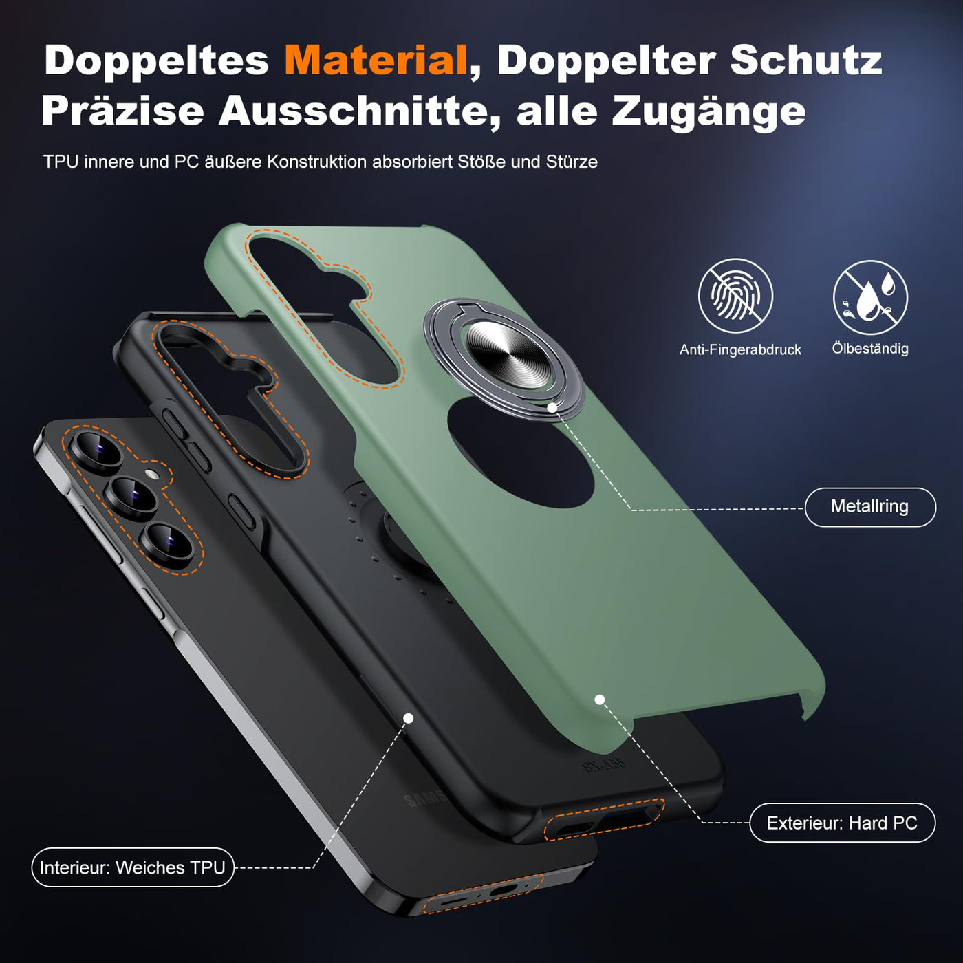 JAME für Samsung Galaxy A55 5G Hülle mit 2 Stück Panzerglas,Militärschutz Stoßfester Schutz Samsung A55 5G Hülle mit 360°Magnetischer Ring Kickstand Handyhülle für Samsung A55 5G,Alpengrün