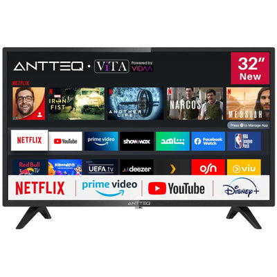 Téléviseur intelligent Antteq AV32 32 pouces (80 cm) avec Netflix, Prime Video, Rakuten TV, DAZN, Disney+, YouTube, UVM, WiFi, triple tuner DVB-T2 / S2 / C, Dolby Audio 2024