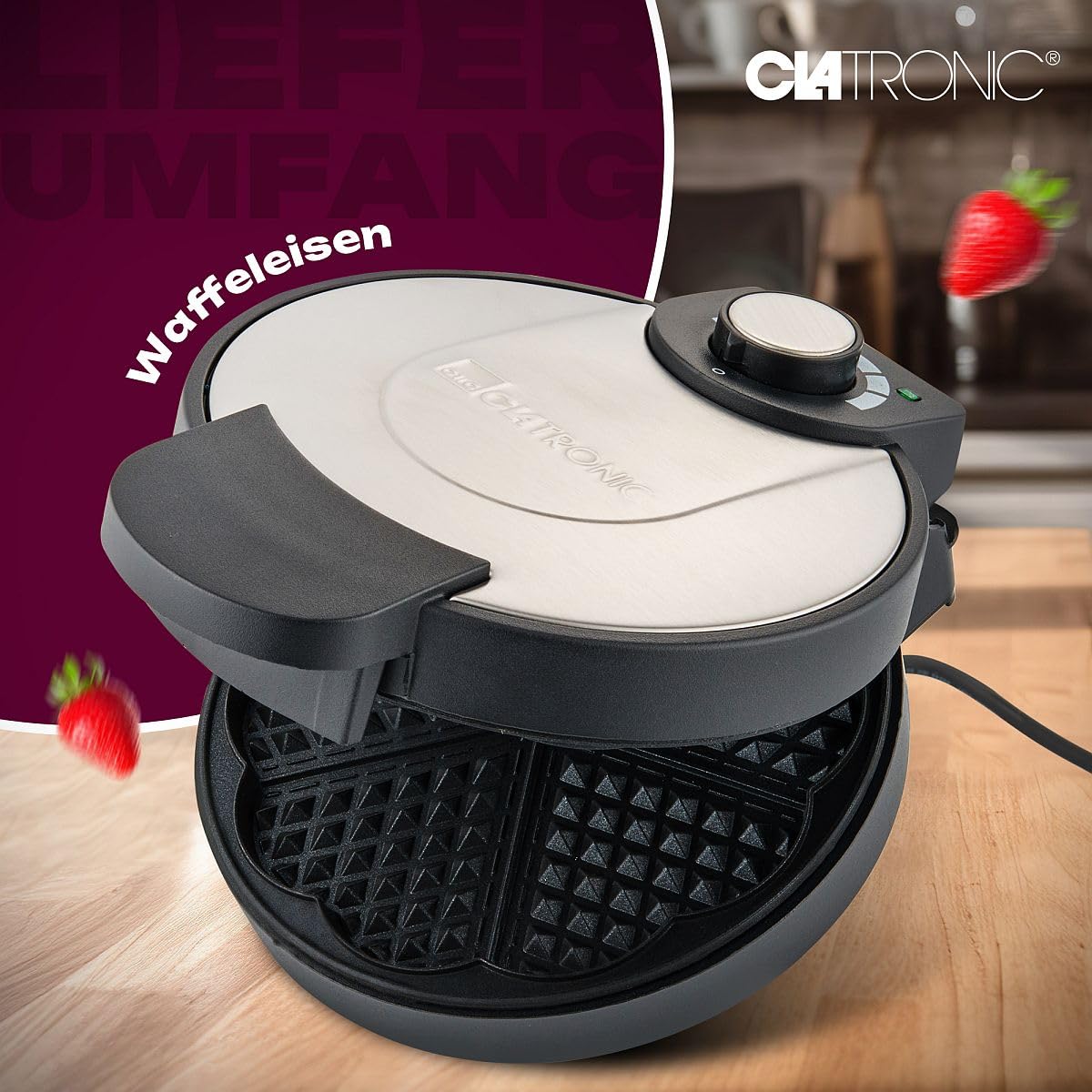 Clatronic® Waffeleisen | mit Ø 18cm antihaftbeschichteter Backfläche | Waffeleisen Herzform | stufenlos einstellbarer Bräunungsgrad & Backampel | Waffle Maker mit Edelstahleinlage | 1000W | WA 3492