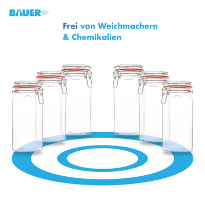 BAUER Flaschenbauer - 12 -teiliges Set Drahtbügel-Vorratsgläser 1550ml, geeignet als Einmach- und Fermentierglas, zur Aufbewahrung, zum Befüllen, Drahtbügelgläser Inklusive Etiketten - Made in Germany