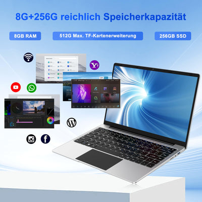 bvate Laptop 14 Zoll Win11 8GB+256GB SSD Unterstützung 1TB Notebook Celeron N4020 (bis2.8GHz) 1920x1080p WiFi BT4.2 Deutscher Tastaturschutz und kabellose Maus-Silver