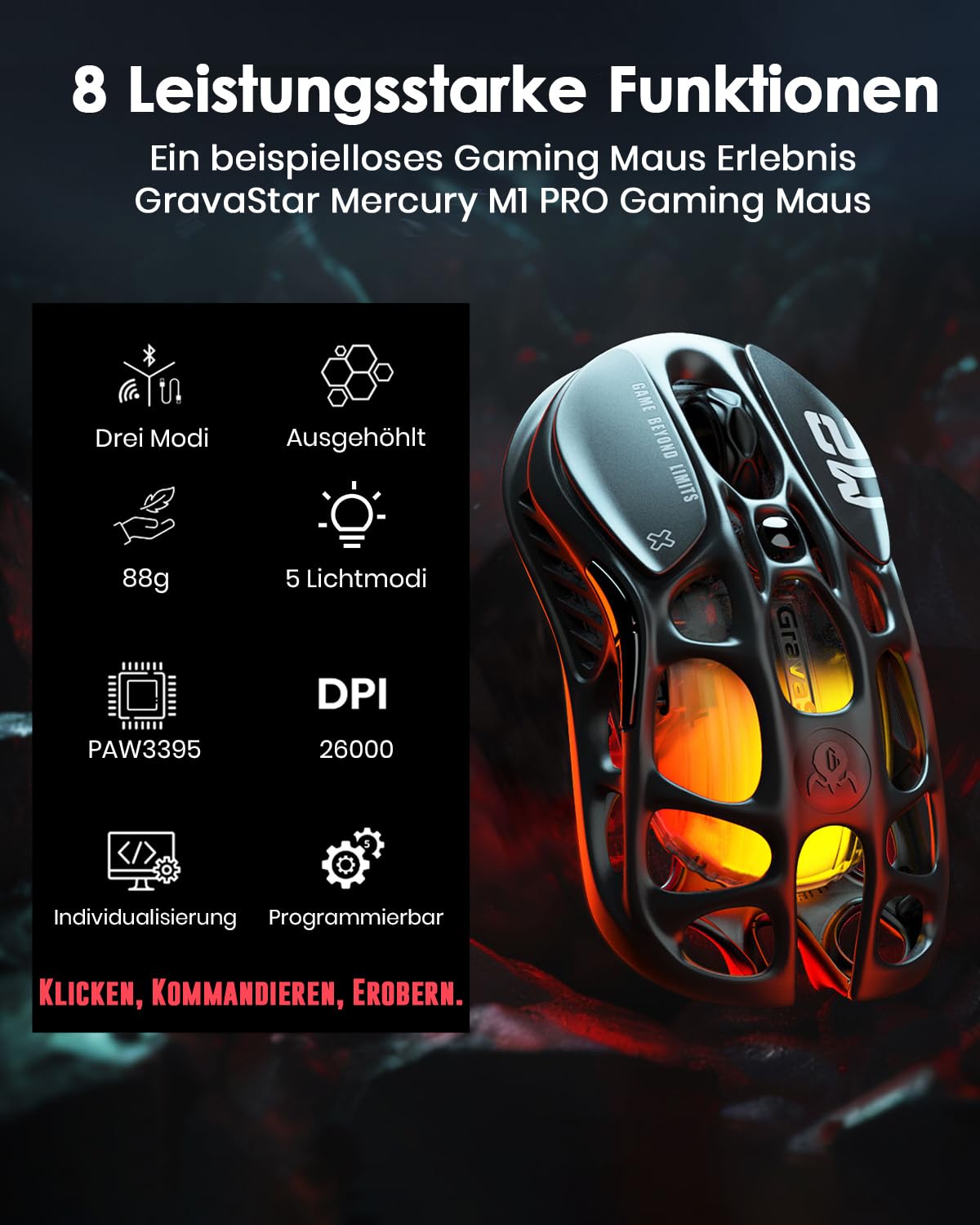 GravaStar Mercury M2 Kabellose Gaming-Maus mit optischem Sensor mit 26.000 DPI, 79g leichtes, ausgehöhltes Design – 5 programmierbare Tasten – 5 Dynamic Lightsync RGB – Kompatibel mit PC/Mac – Schwarz