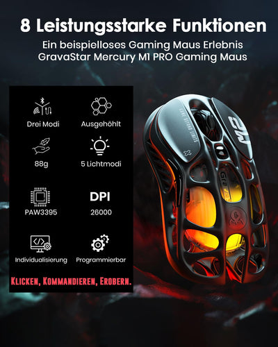 GravaStar Mercury M2 Kabellose Gaming-Maus mit optischem Sensor mit 26.000 DPI, 79g leichtes, ausgehöhltes Design – 5 programmierbare Tasten – 5 Dynamic Lightsync RGB – Kompatibel mit PC/Mac – Schwarz