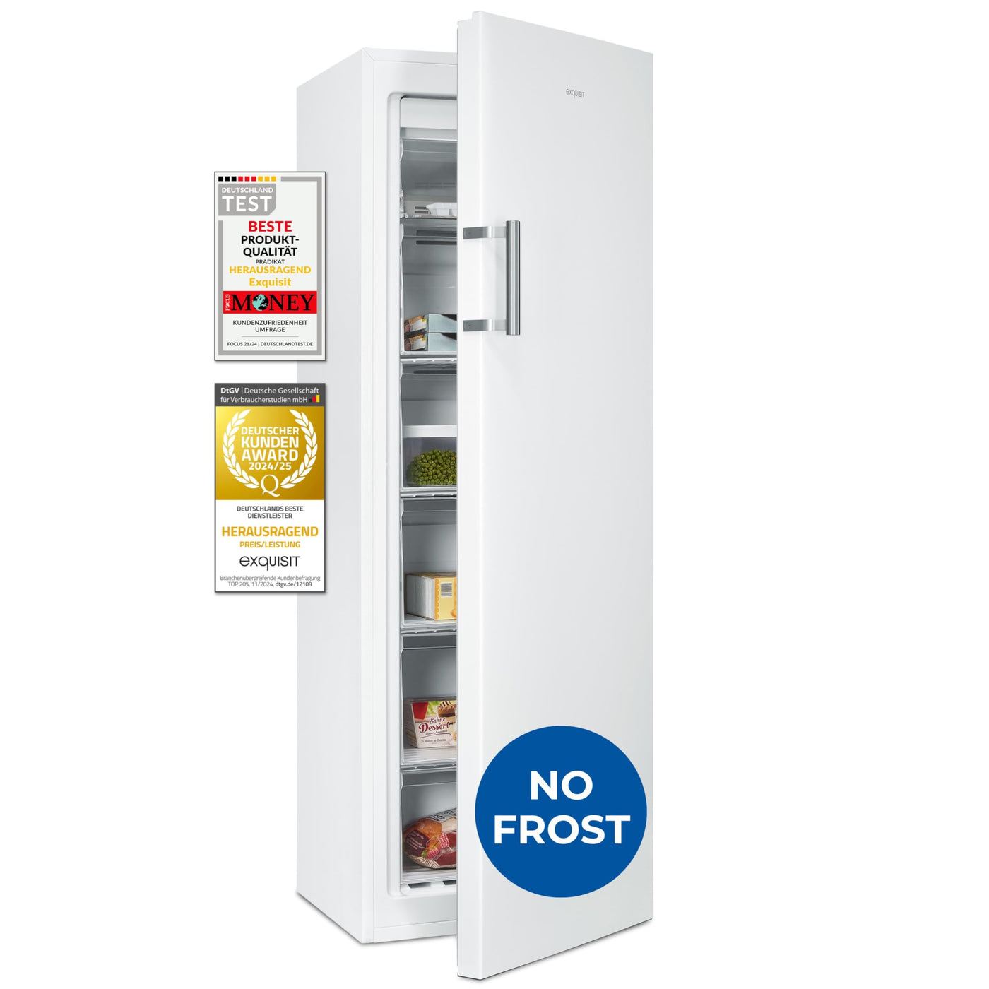 Exquisit Gefrierschrank NoFrost, Tiefkühlschrank groß, 194 Liter, Alarm-Funktion, 4-Sterne-Gefrieren, Schnellgefrieren, LED-Display, GS5271-NF-H-010D weiss