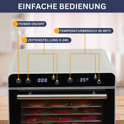 Sommertal Dörrautomat Silence 700 XXL inkl. 8 Edelstahl Dörrgitter, LED-Display, 24h Timer, Temperatureinstellung von (35°C–85°C) einstellbar, inkl. Kochbuch, Profi Dörrgerät, 700W Dehydrator