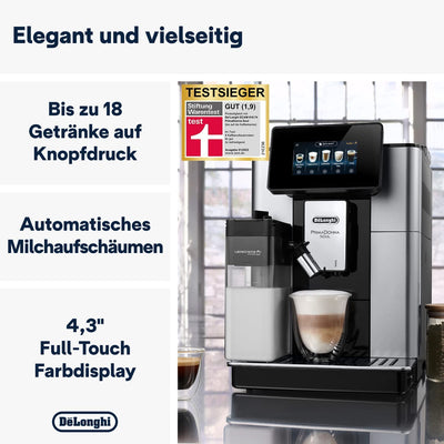 De'Longhi PrimaDonna Soul Perfetto ECAM 612.55.SB Kaffeevollautomat mit LatteCrema Milchsystem und Bean Adapt Technologie, 18 Rezepte, mit Farbdisplay- App-Steuerung, Silber/Schwarz