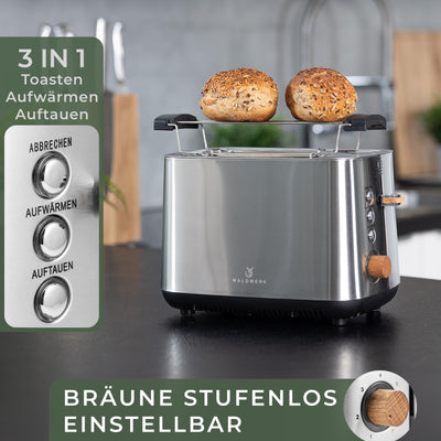 WALDWERK Design Toaster - aus 304 Edelstahl und Eichenholz - für 2 Scheiben - mit Brötchenaufsatz - mit extra breiten und tiefen Toastkammern - mit Krümelschublade