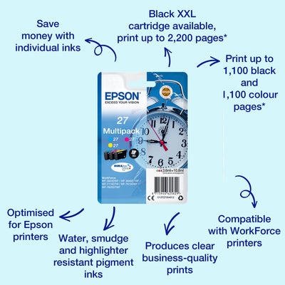 Epson Original 27 Tinte Wecker (WF-3620DWF, WF-3640DTWF, WF-7110DTW, WF-7210DTW, WF-7610DWF, WF-7620DTWF, WF-7710DWF, WF-7715DWF, WF-7720DTWF), Multipack 3-farbig