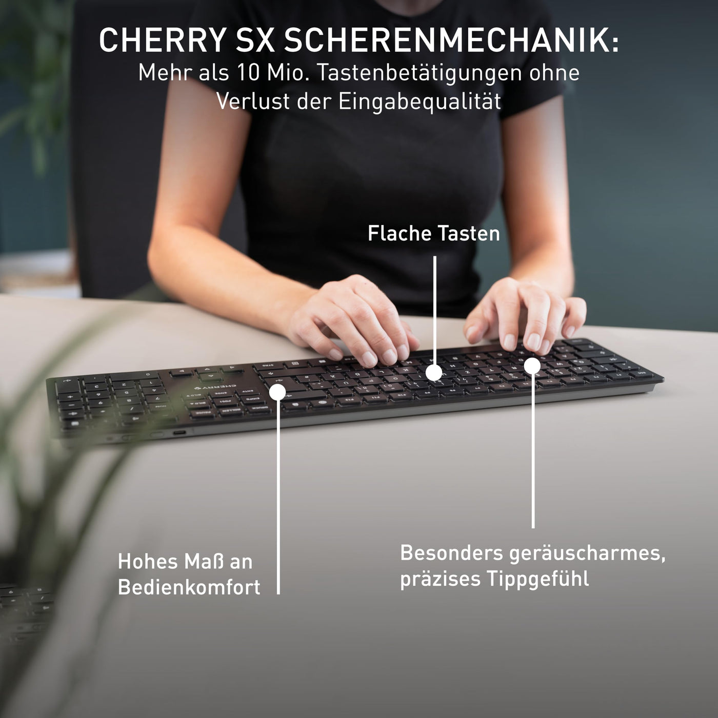 CHERRY KW 9100 SLIM, Kabellose Design-Tastatur, Deutsches Layout (QWERTZ), Wahlweise Bluetooth oder 2,4 GHz Funk, Flache Tasten, Wiederaufladbar, Schwarz-Grau