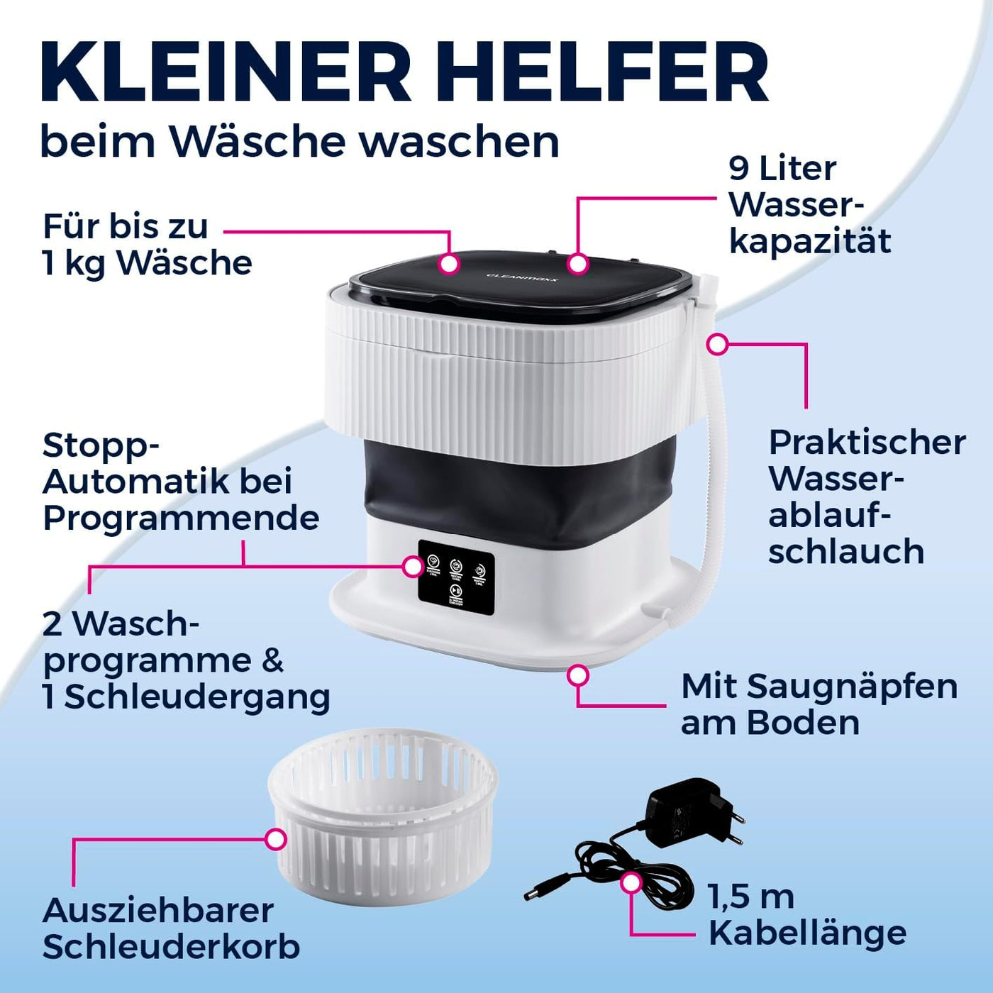 CLEANmaxx Mini-Waschmaschine ideal für Unterwegs | Mobile Waschmaschine mit 2 Waschprogrammen & einem Schleudergang | Zusammenfaltbar & leise | Für bis zu 1kg Wäsche | Geeignet für Camping & Reisen