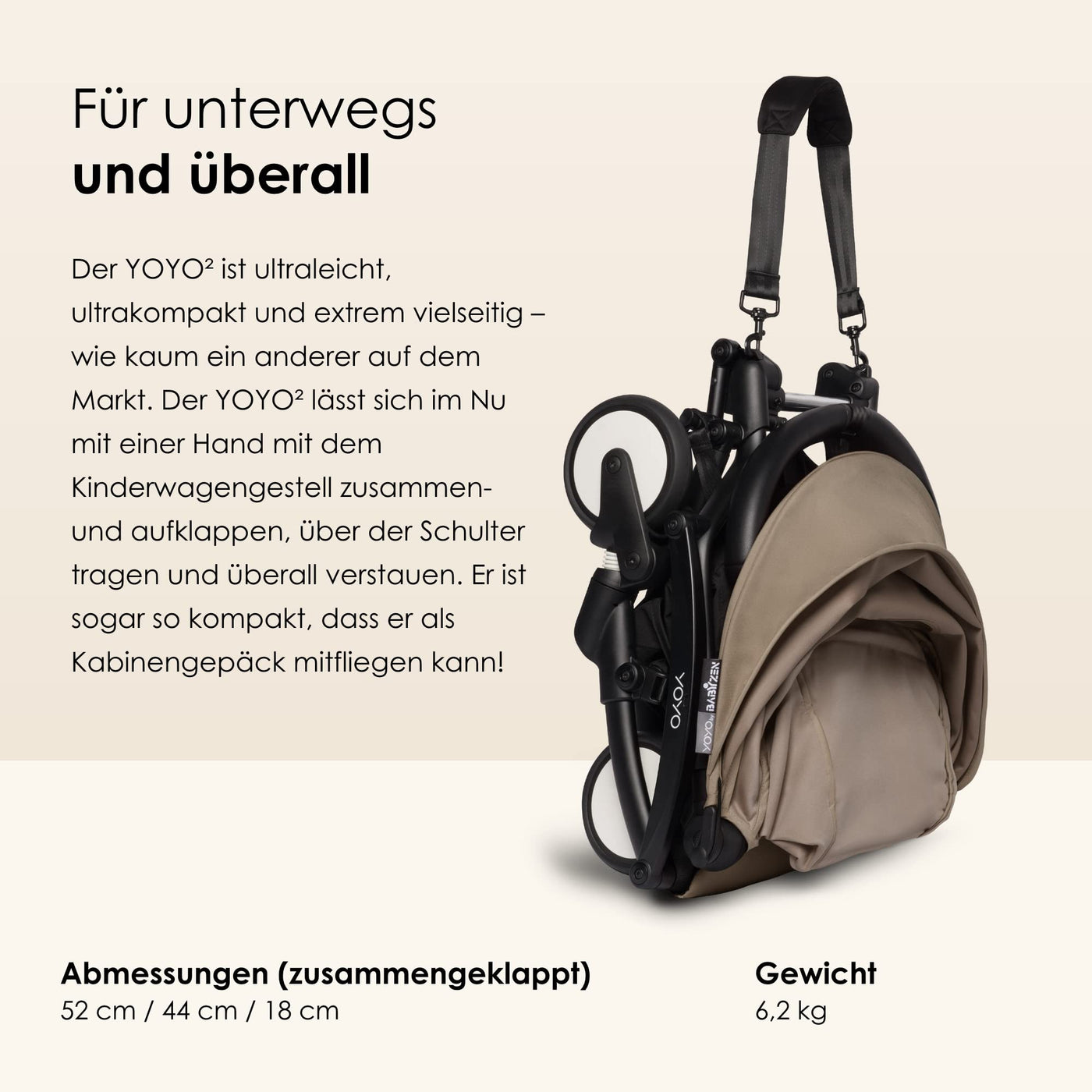 BABYZEN YOYO2 Kinderwagen (Kinderwagengestell Black und 6+ Textile Set Taupe) - Inklusive Gurt, Rückenlehne, Verdeckbügel, Schultergurt, Aufbewahrungstasche, Sitzpolster und farbgleichem Verdeck